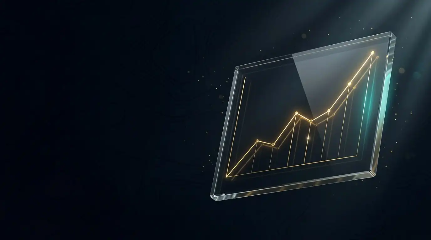 Abstract dark navy visual of a rising analytics chart inside a glass panel, representing organic search growth from link building